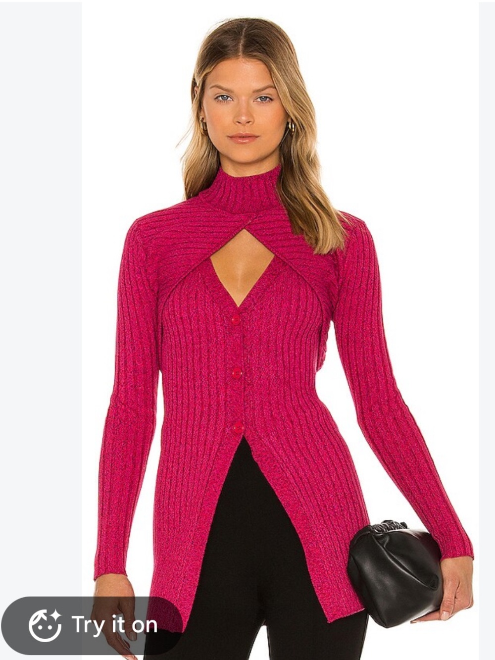 Ronny Kobo Collection Fuchsia Ribbed Cutout Turtleneck Sweater